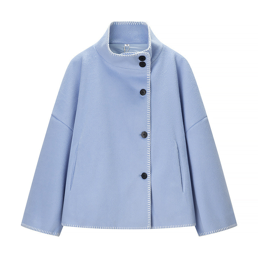 Women's Short Wool Cape Coat with Stand Collar, Contrast Stitching and Snap Button Closure Chichicherry