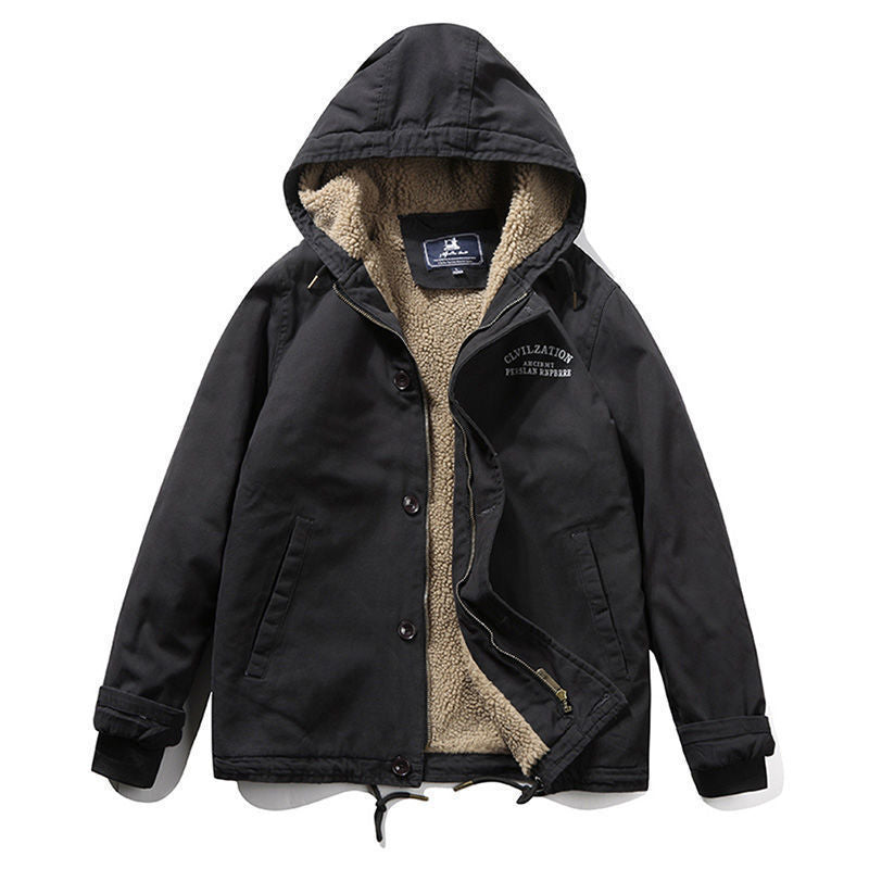 Men's Canvas Hooded Jacket with Sherpa Lining, Concealed Two-Way Zipper and Utility Details Chichicherry