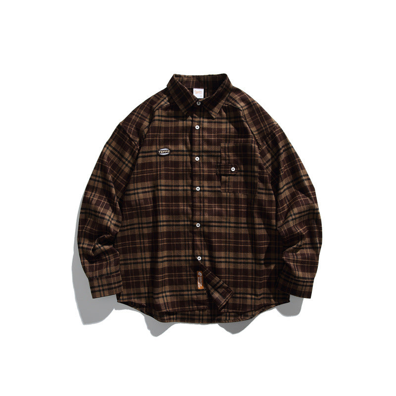 Unisex Loose Check Flannel Shirt in Wide Cut with Raglan Sleeves and Breast Flap Pocket Chichicherry
