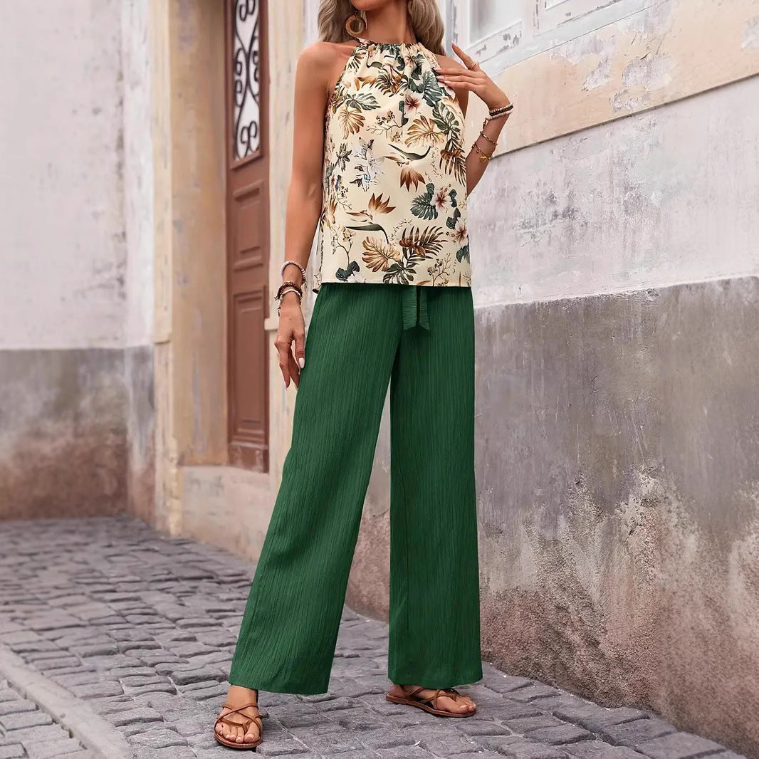 Women wide linen pants with drawstring and pleat look Chichicherry