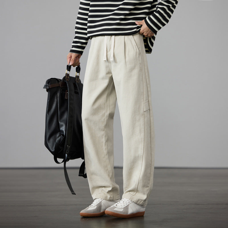 Men's Loose Cotton Canvas Cargo Pants with Drawstring Waist and Multiple Pockets Chichicherry