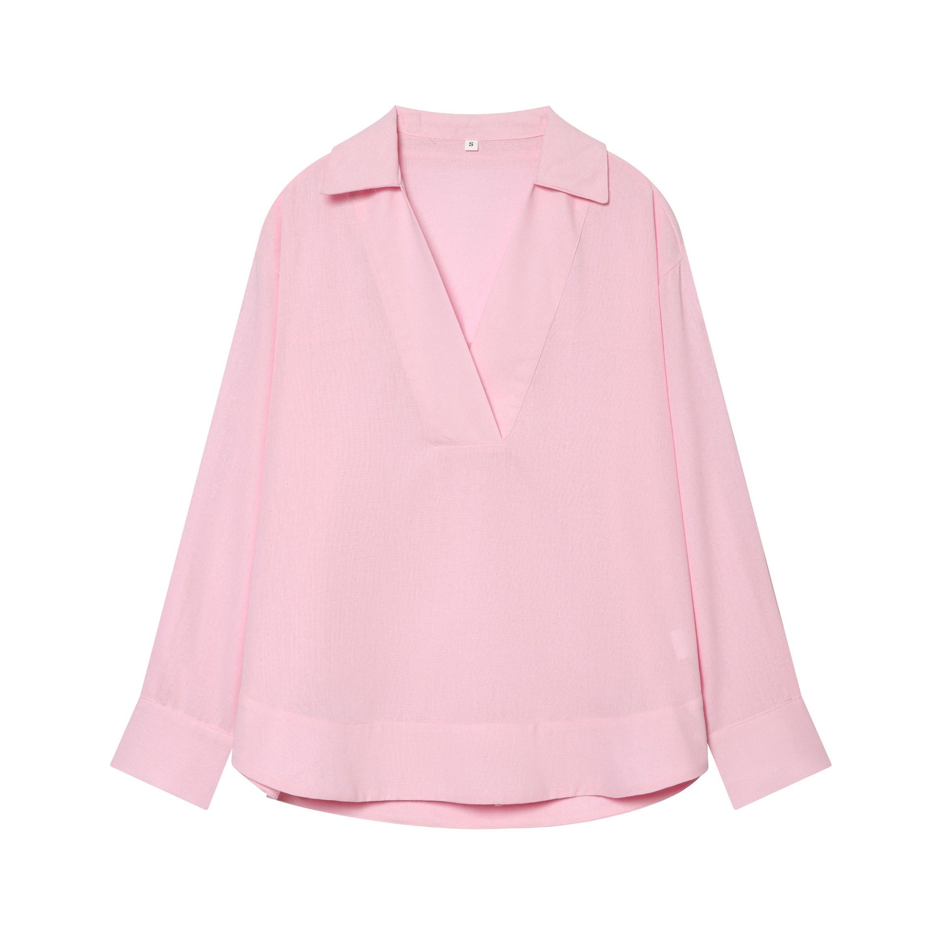 Women's loosely falling linen-look blouse with V-neck, shirt collar, and cuffed sleeves Chichicherry