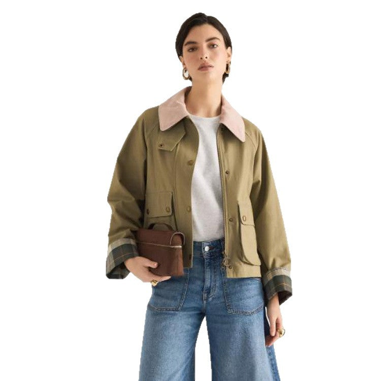 Women's transitional jacket with corduroy collar, checkered inner cuffs, and patch pockets Chichicherry