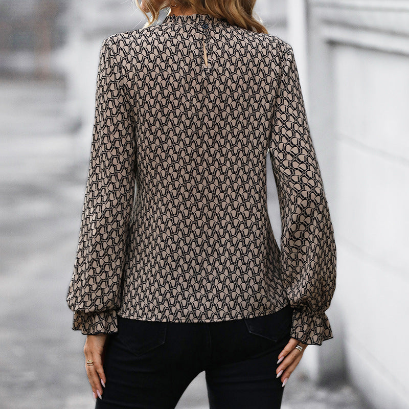 Women Printed Fitted Chiffon Blouse with Stand-Up Collar, Tie Belt and Ruffled Hem Chichicherry