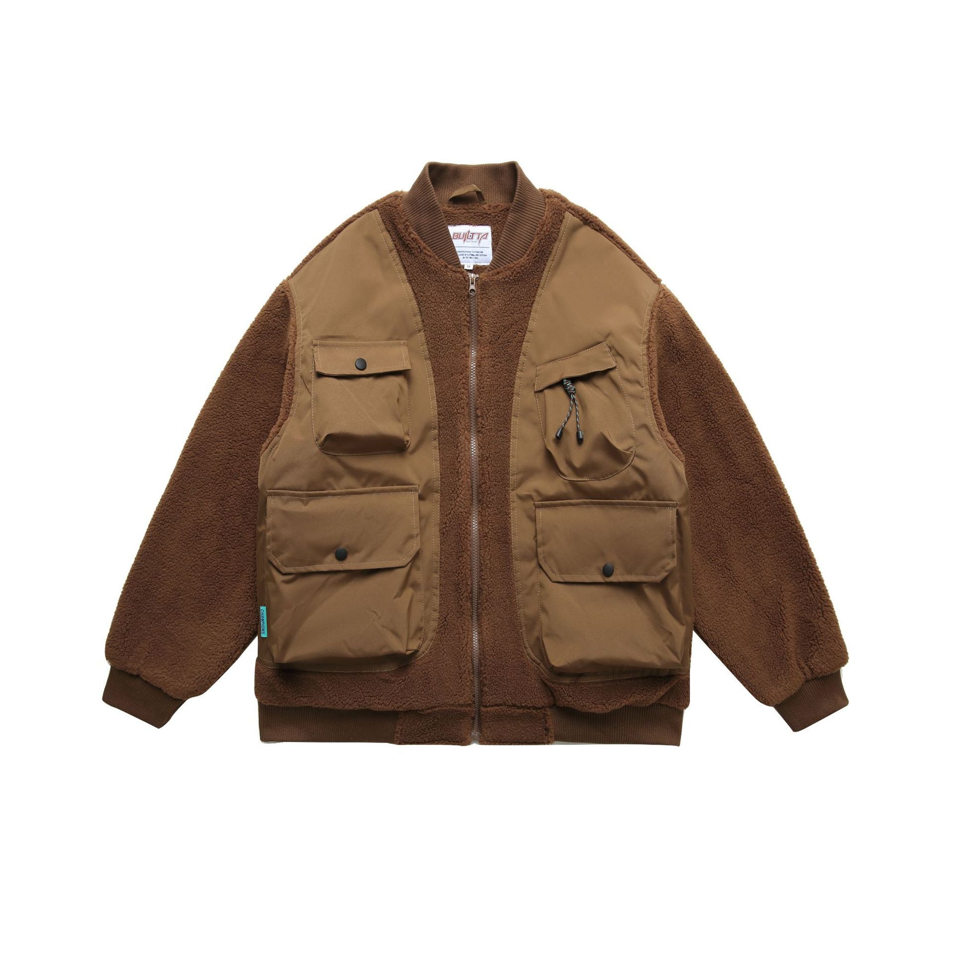 Men's Teddy Fleece Bomber Jacket with Utility Pockets and Nylon Inserts Chichicherry