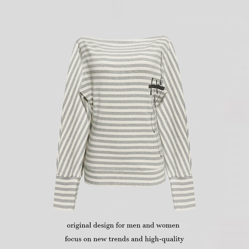 Women's Figure-hugging Striped Long Sleeve Shirt with Wide Boat Neck and Cropped Batwing Sleeves Chichicherry