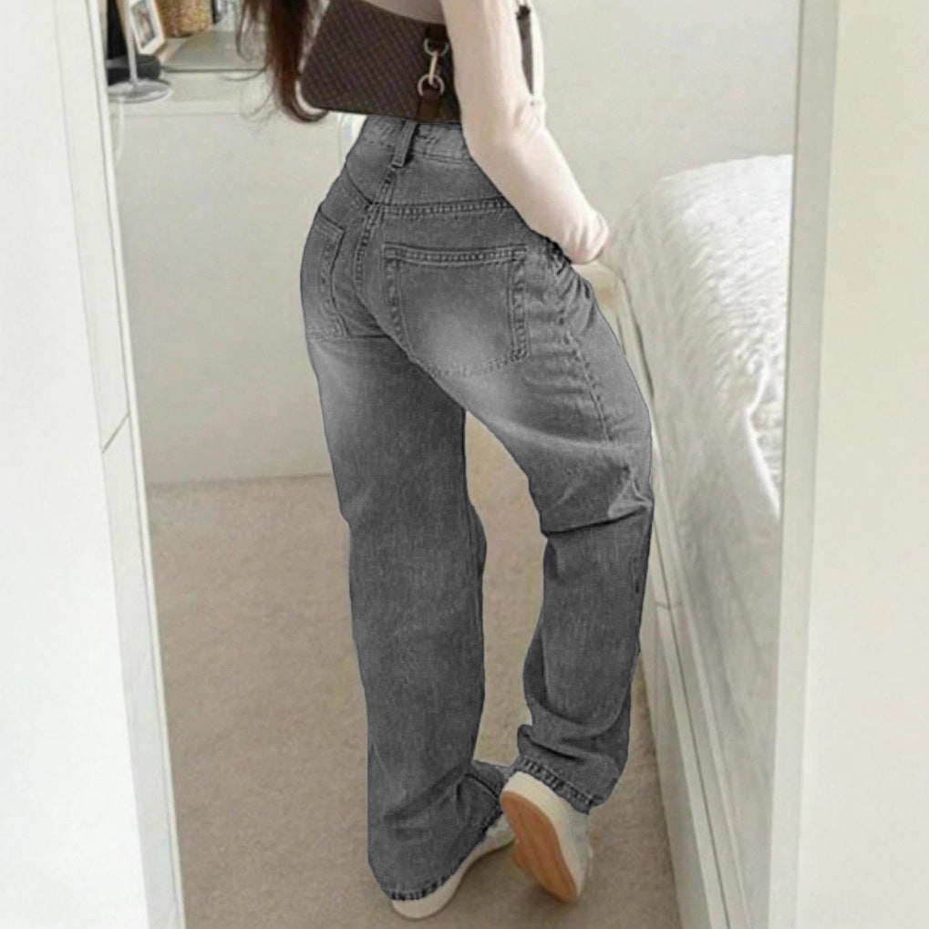 Women's High-Waisted Loose Destroyed Jeans with Straight Leg Chichicherry