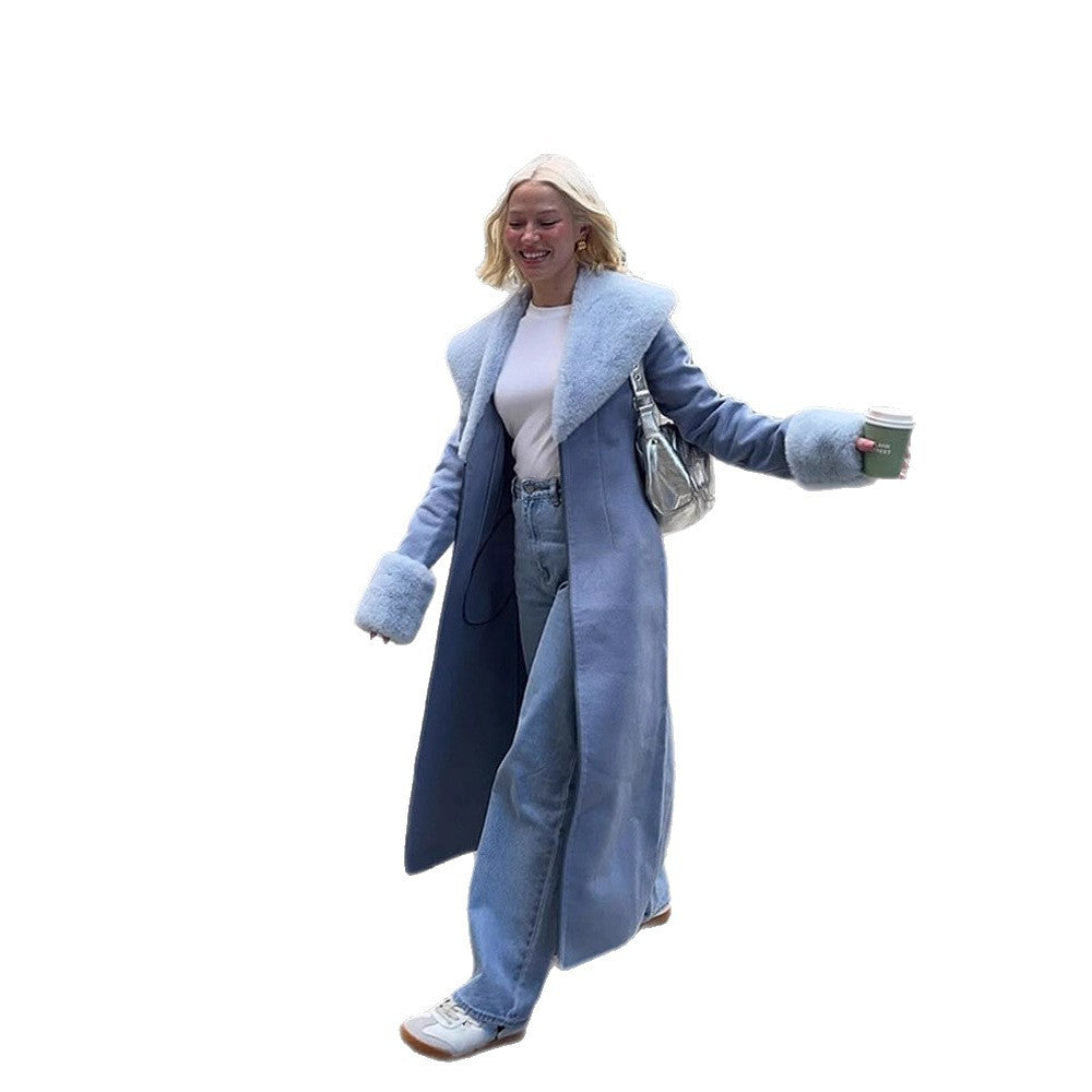 Women Elegant long-cut coat made of velour look with voluminous faux fur shawl collar Chichicherry