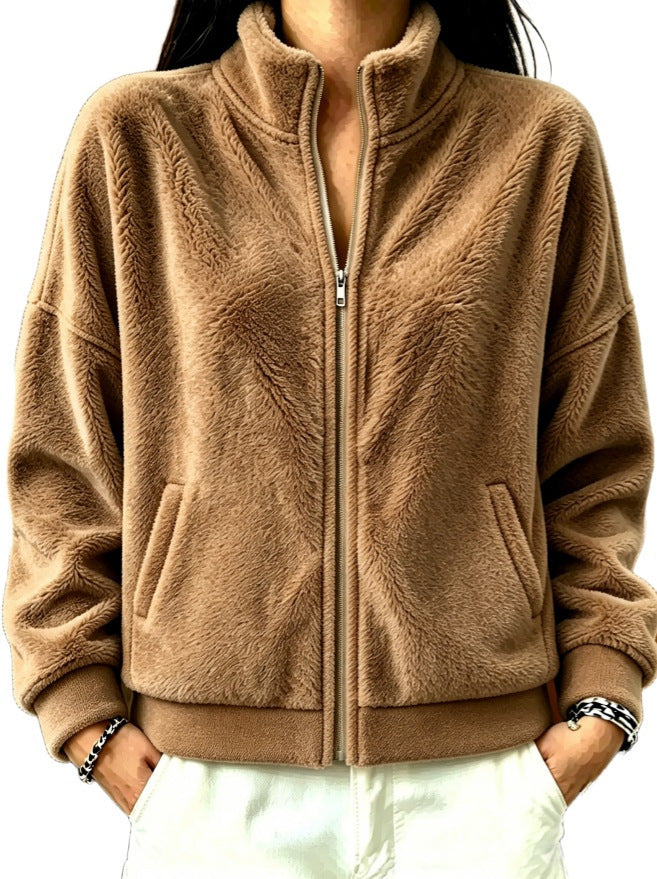 Women's Soft Fleece Short Jacket with Stand-Up Collar, Insert Pockets and Oversized Shoulder Chichicherry