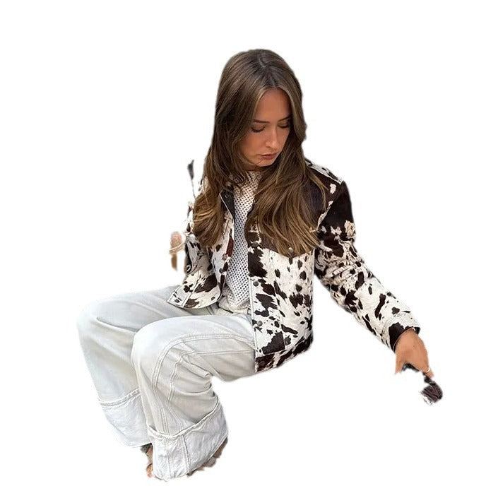 Women Short Cut Western-Inspired Jacket with Cow Spot Faux Fur and Chest Pockets Chichicherry