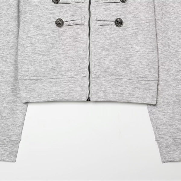 Women's Cropped Sweat Jacket in Military Look with Stand-up Collar and Decorative Button Placket Chichicherry