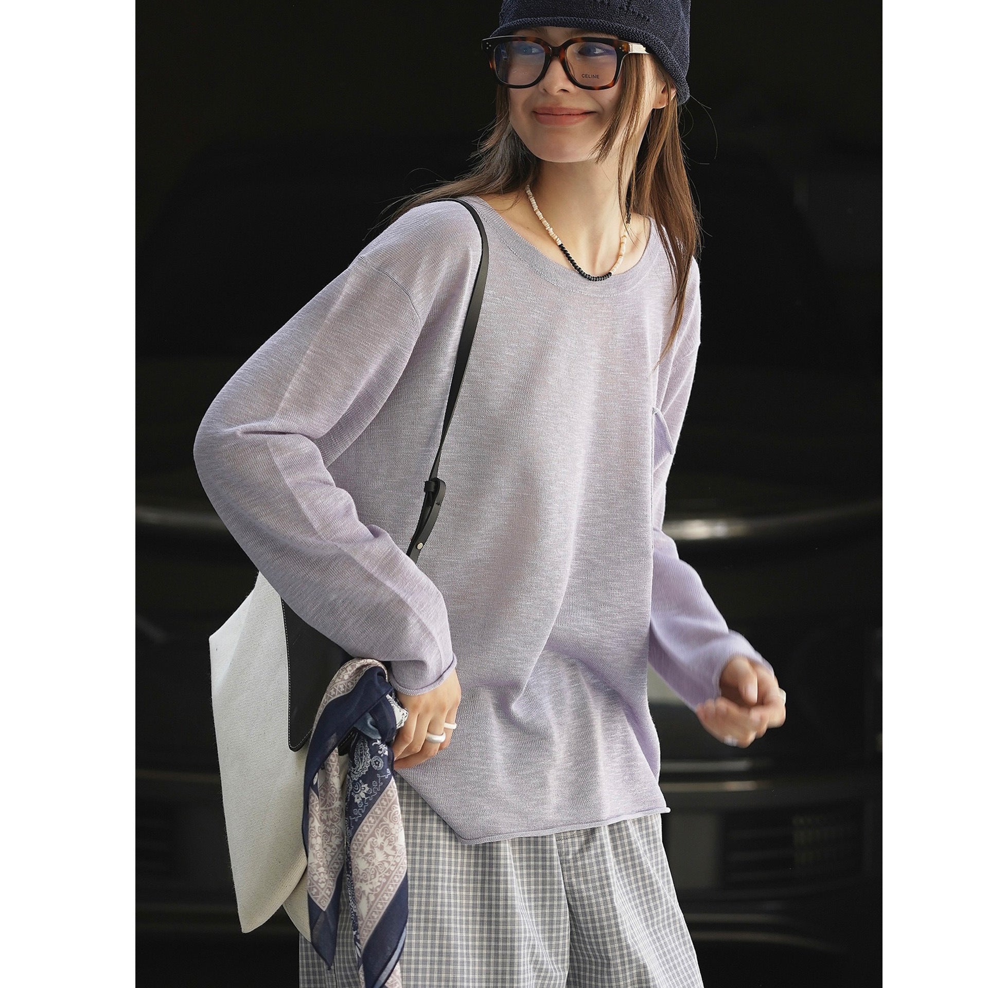 Ladies Wide Lightweight Fine Knit Long Sleeve with Chest Pocket and Round Neckline Chichicherry