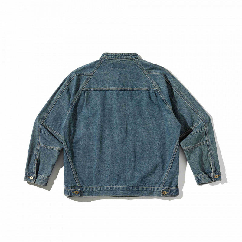 Unisex Boxige Denim Jacket in Worker Look with Stand Collar, Raglan Sleeves and Chest Welt Pocket Chichicherry