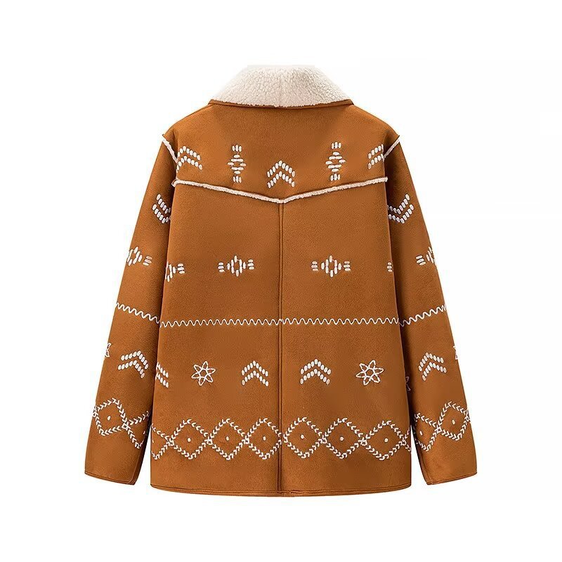 Women's Short Suede Jacket with Teddy Lining and Decorative Embroidery Chichicherry