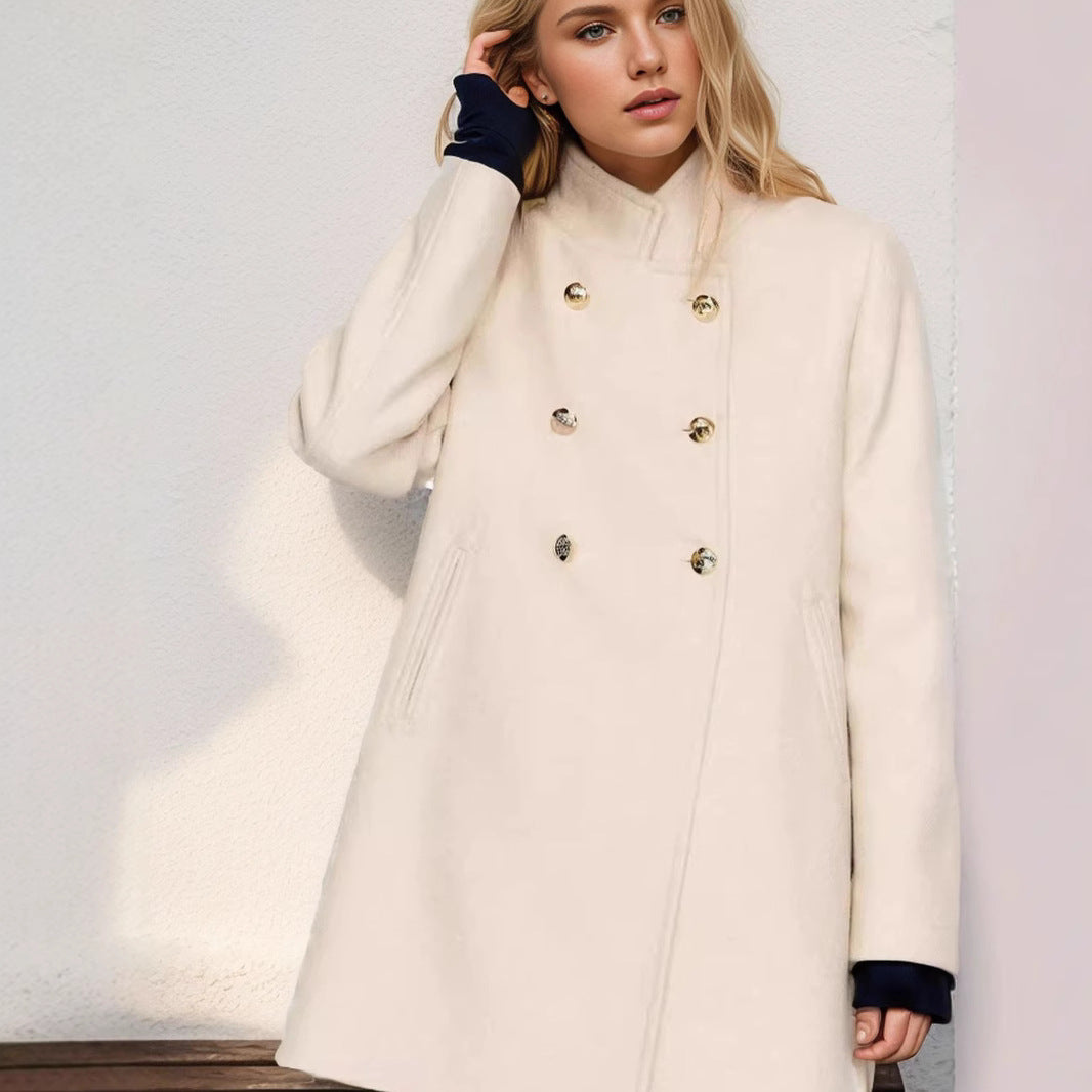 Ladies Double-Breasted Mini Coat with Stand Collar and Decorative Metal Buttons Chichicherry