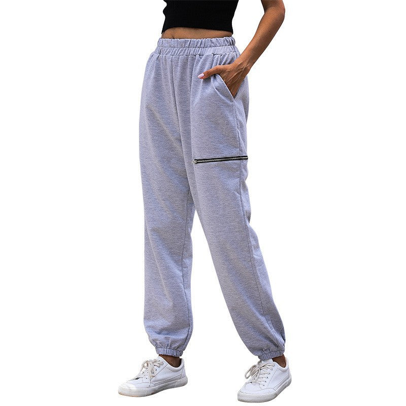 Women's Casual High-Waist Sweatpants with Zipper Pocket and Elastic Hem