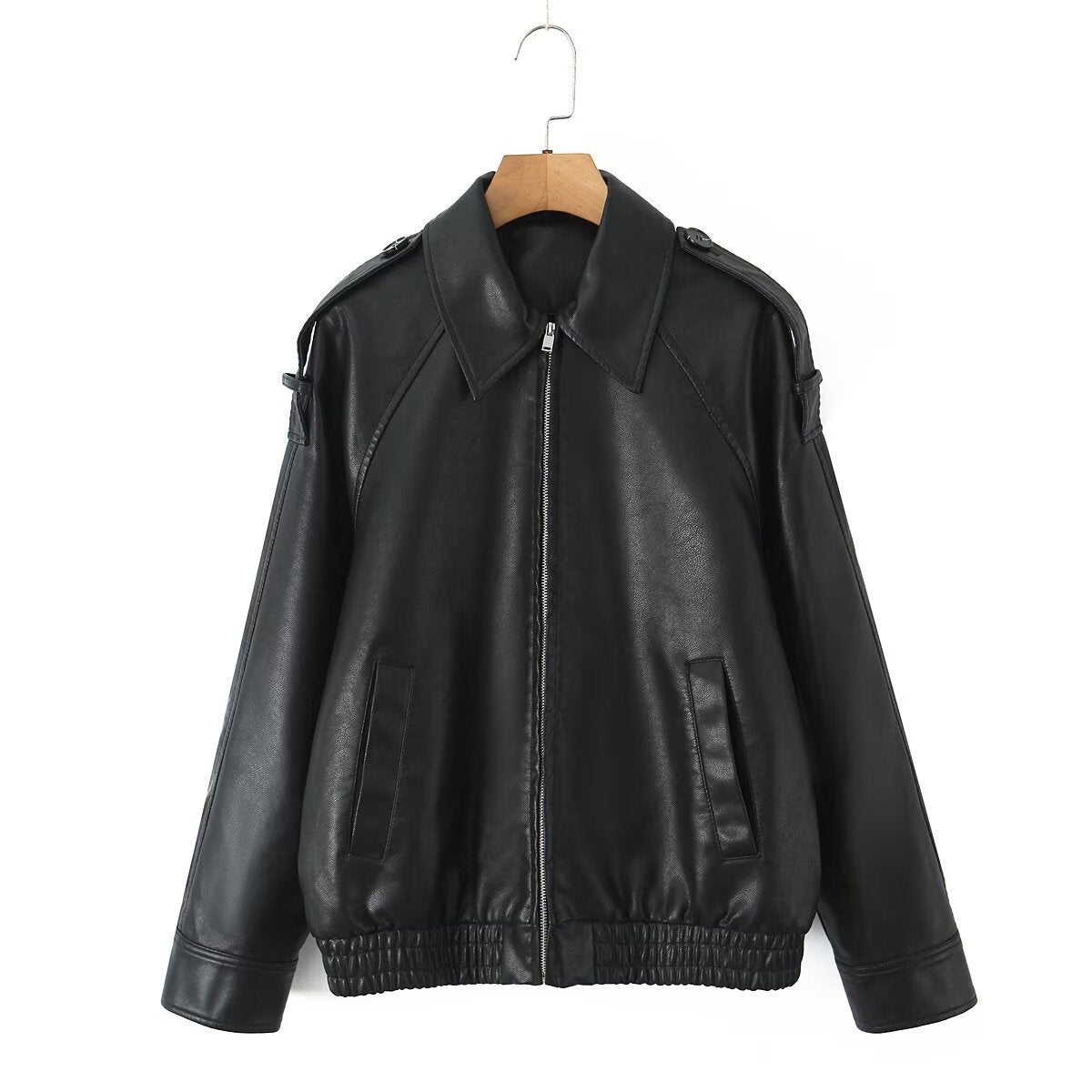 Women's Oversized Faux Leather Flight Jacket with Bonded Collar, Shoulder Epaulettes, and Elastic Hem Chichicherry