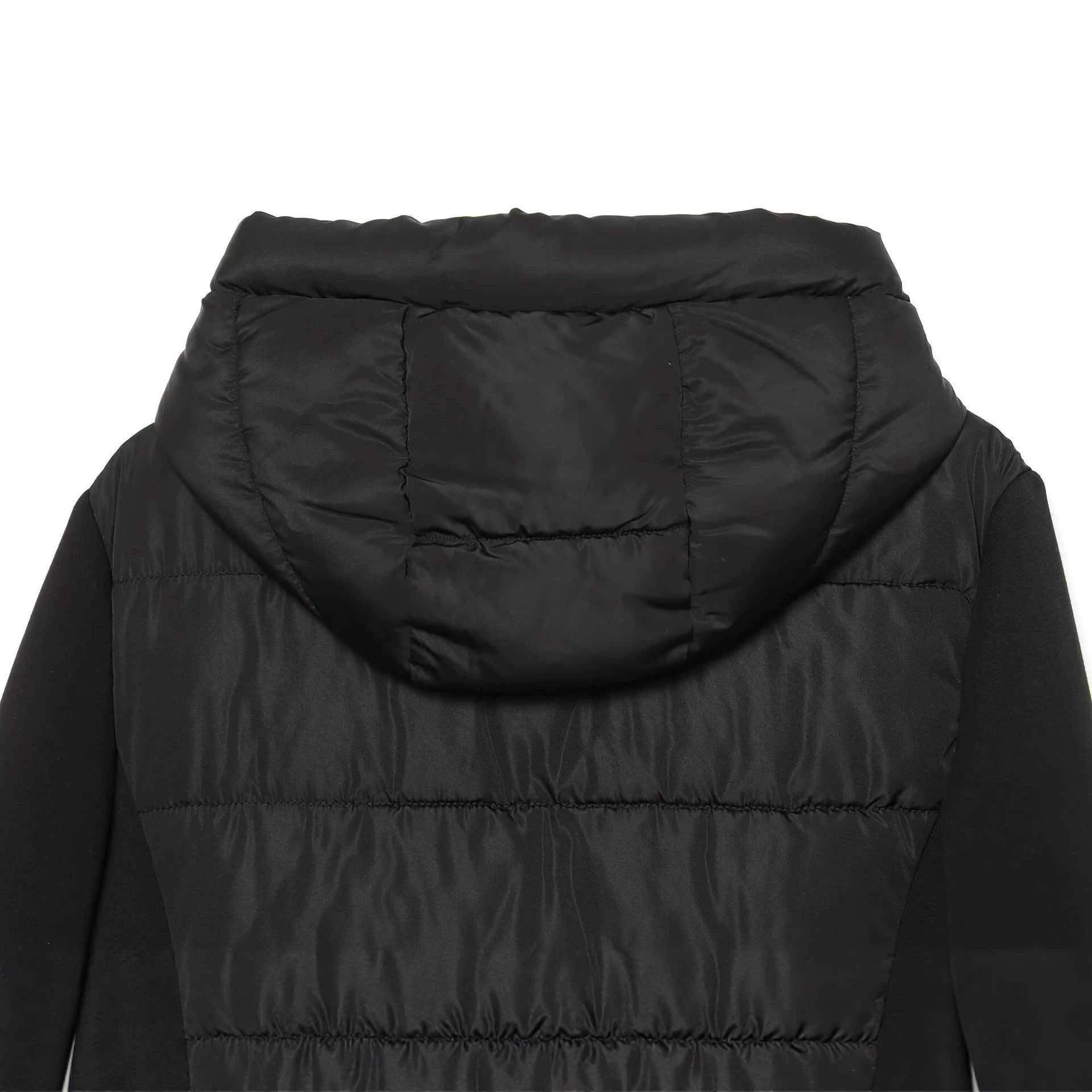 Women's short jacket in a material mix with quilted front, hood, and tailored drawstring Chichicherry