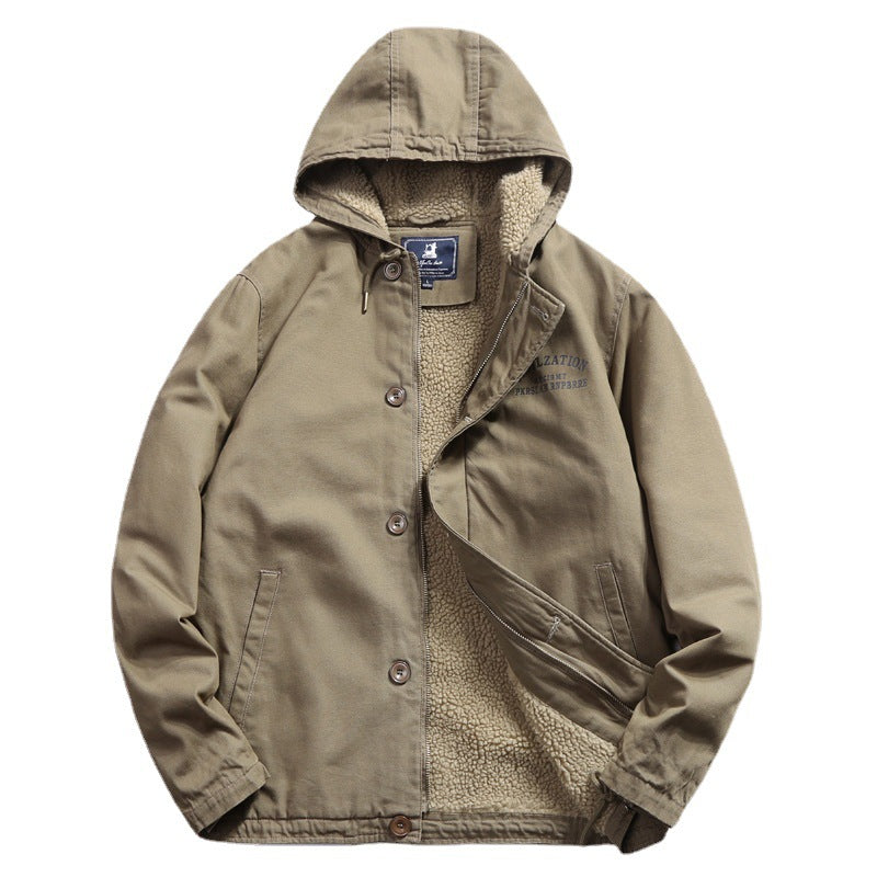 Men's Hooded Canvas Jacket with Sherpa Lining and Utility Details Chichicherry
