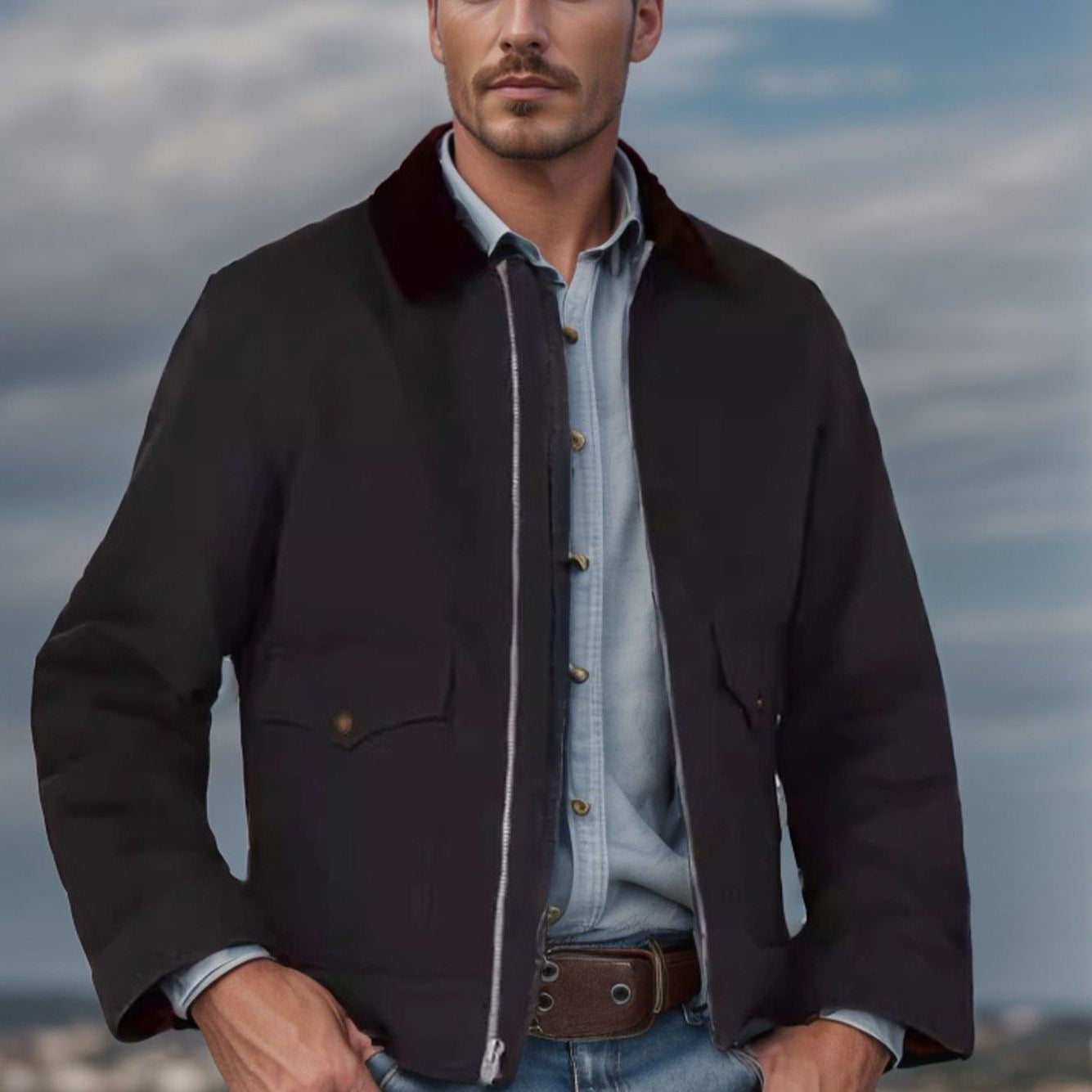 Herren robuste Canvas-Fieldjacke mit Cordkragen und aufgesetzten Pattentaschen Chichicherry