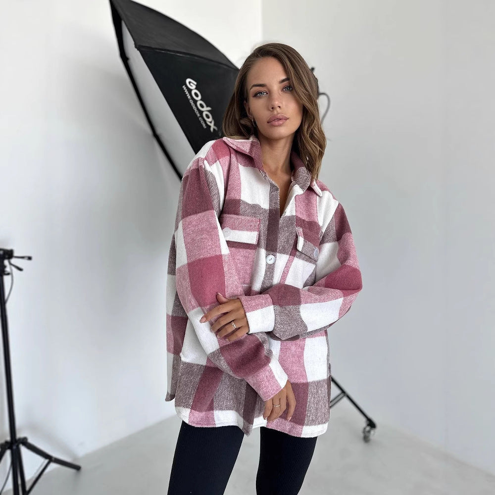 Damen Karierter Overshirt im Shacket-Stil mit Saumtaschen und Knopfverschluss Chichicherry