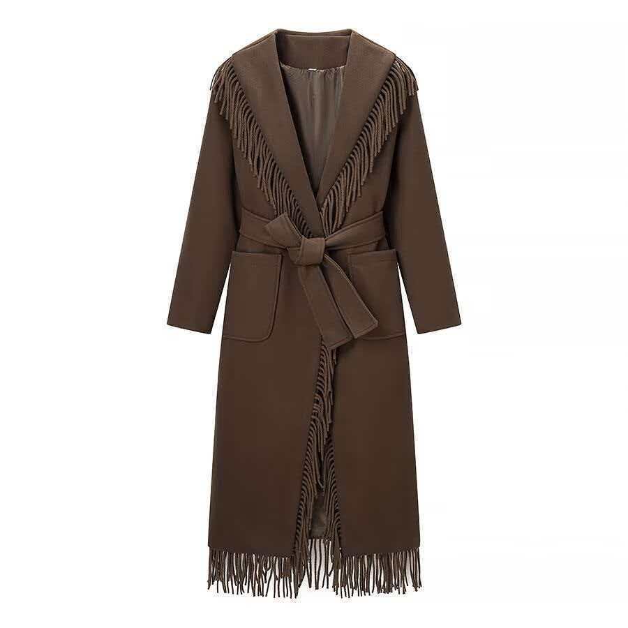 Ladies Long Fringe Wool Blend Coat with Hood, Tie Belt and Patch Pockets Chichicherry