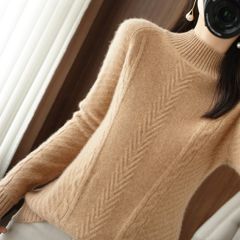 Women's Light Mohair-Look Stand Collar Sweater with Cable Lace and Tailored Silhouette Chichicherry