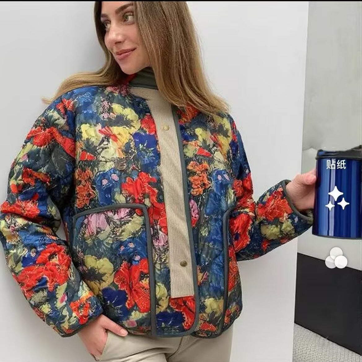 Women Quilted Transitional Jacket with Floral Allover Pattern and Stand Collar Chichicherry