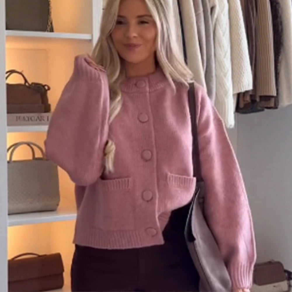 Women's Chunky Knit Cropped Cardigan with Round Snap Buttons and Oversized Sleeves Chichicherry