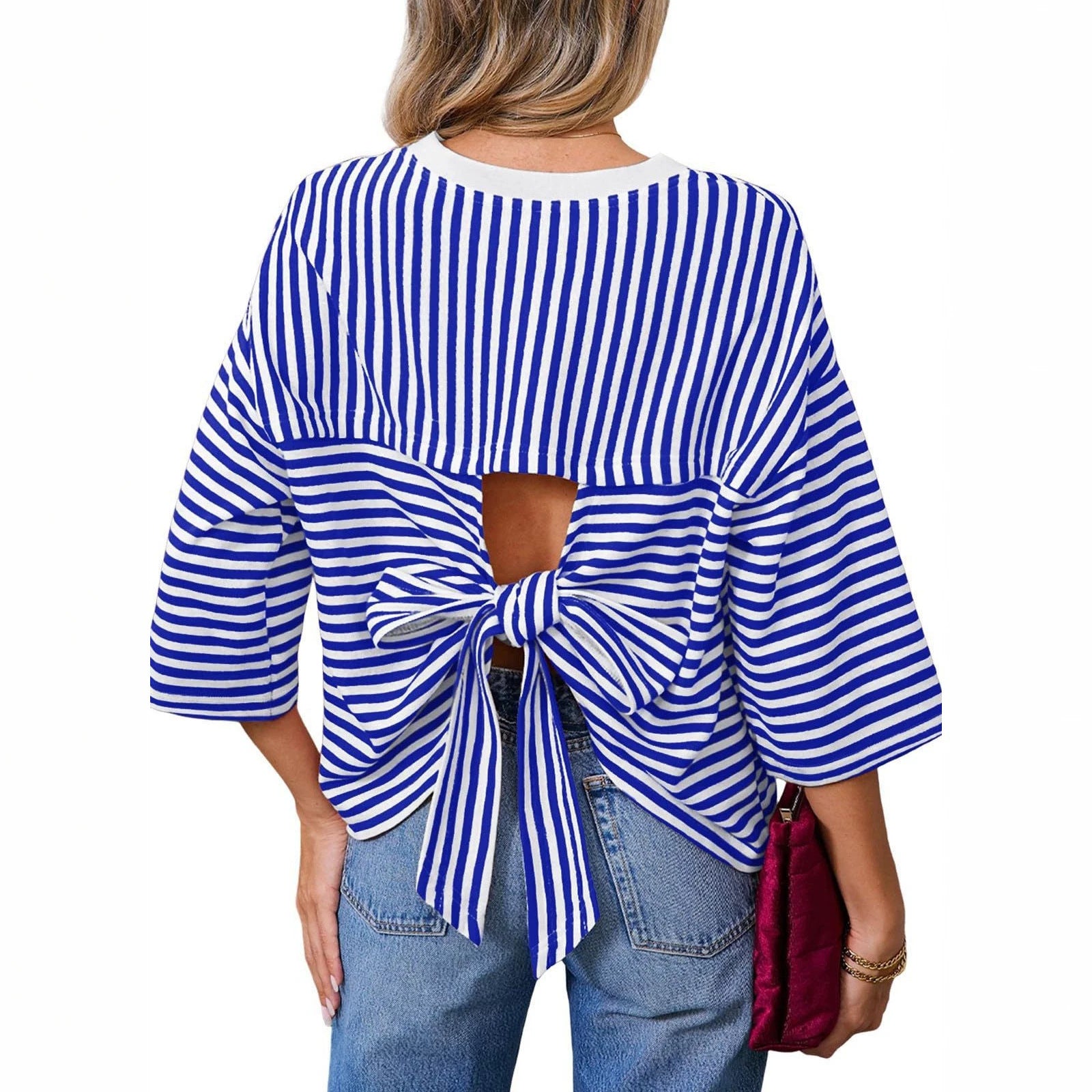 Women's Striped Oversize Shirt with Back Cutout and Bow Tie Chichicherry