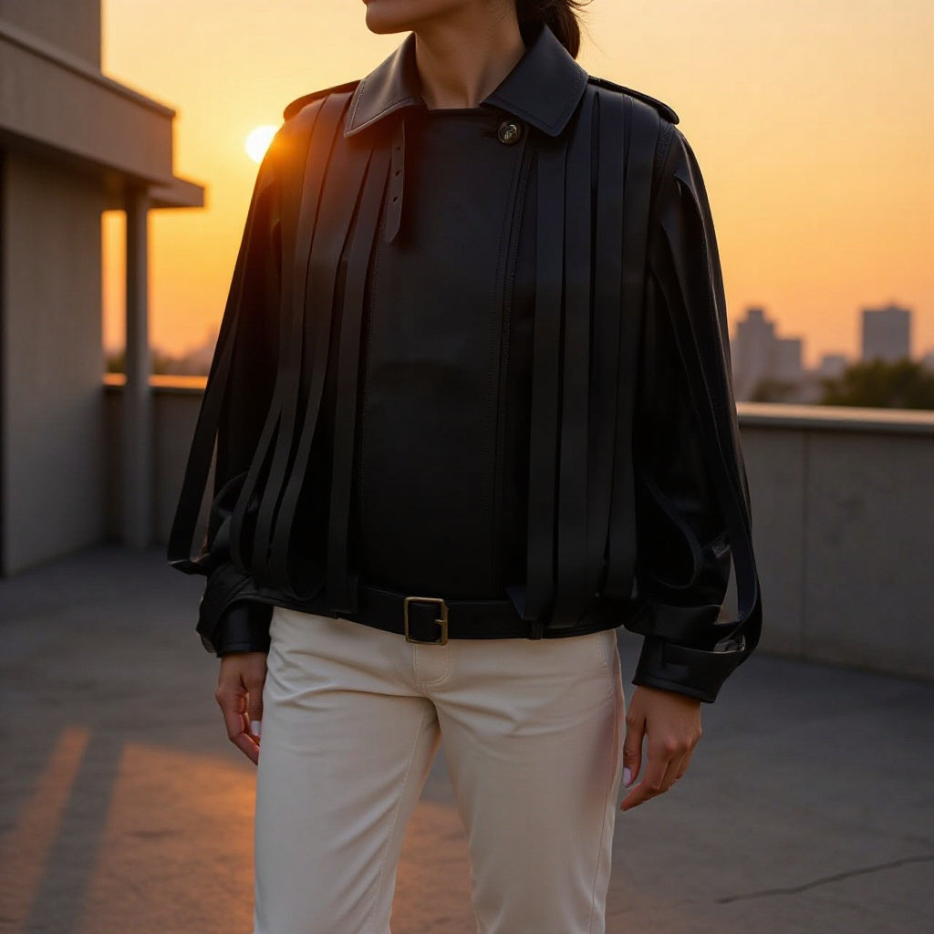 Ladies Faux Leather Fringe Blouson with Stand-up Collar and Waist Belt Chichicherry