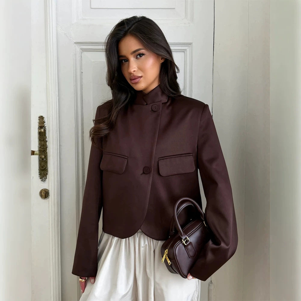 Ladies Satin Cropped Blazer with Mandarin Collar, Flap Pockets and Curved Hem Chichicherry