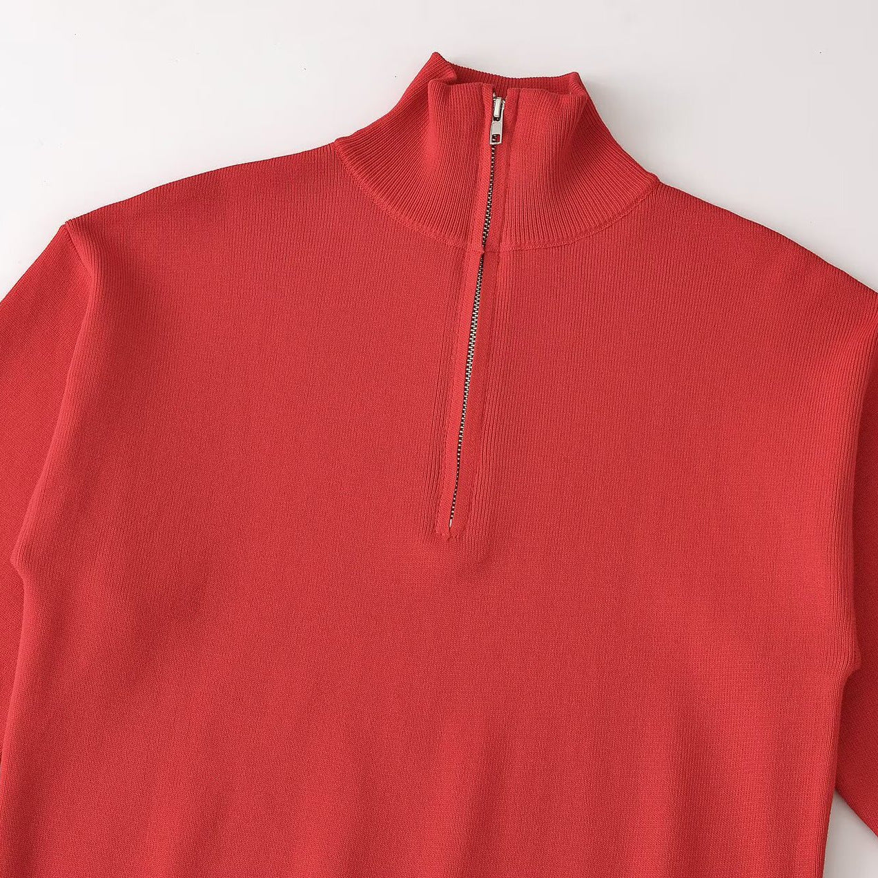 Women's Relaxed Half-Zip Fine Knit Sweater with Stand Collar and Dropped Shoulder Chichicherry