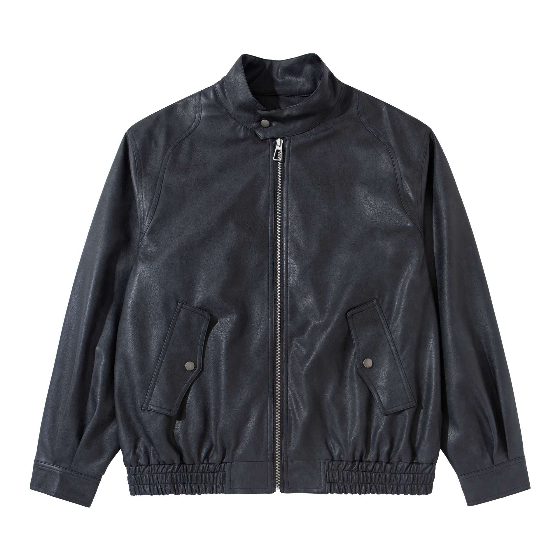 Men's vintage-inspired faux leather bomber jacket with funnel collar, flap pockets, and elastic hem Chichicherry