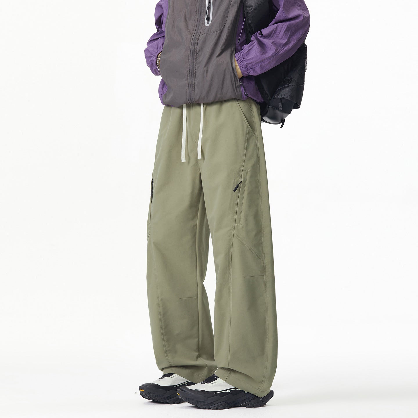 Men's Wide Tech Cargo Pants with Drawstring Waist and Zipper Pockets Chichicherry