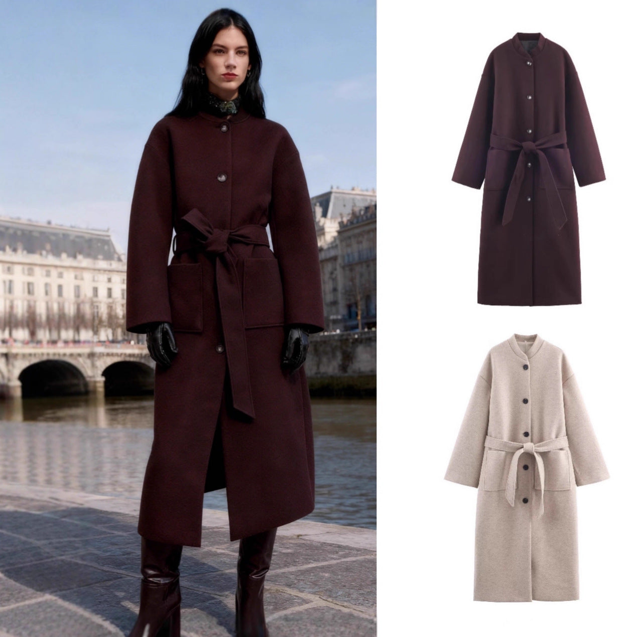 Women’s longer minimalist wool blend kimono coat with tie belt Chichicherry