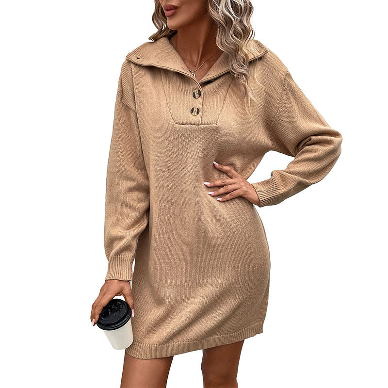 Women's knit dress with polo collar and button placket in loose fit Chichicherry