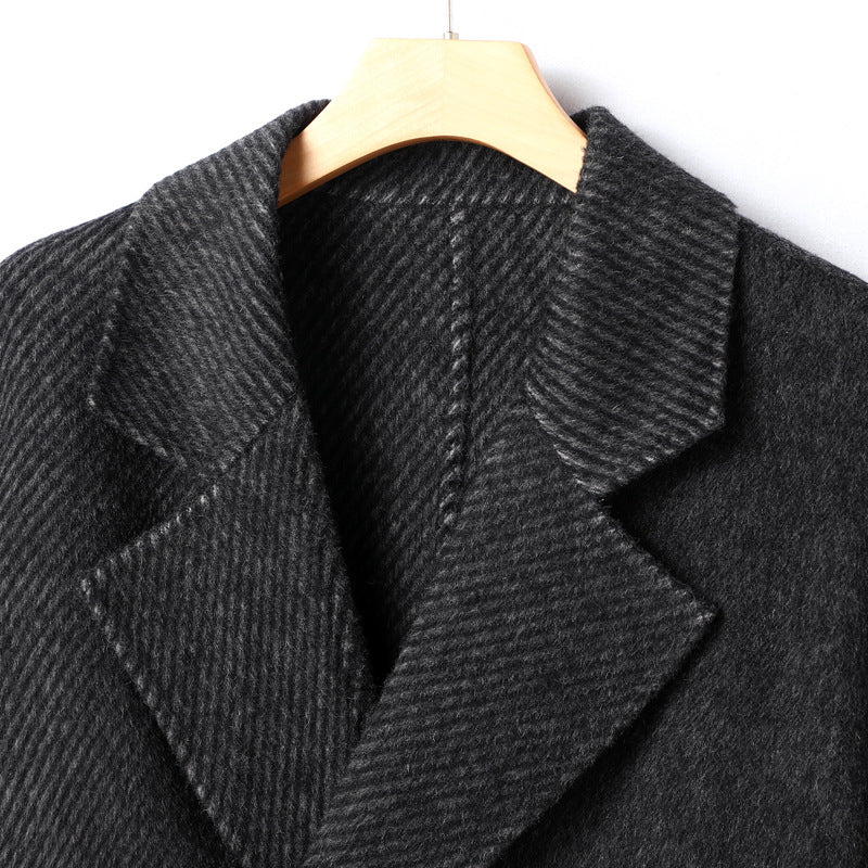 Men's Long Double-Breasted Wool Blend Coat with Textured Lapel Chichicherry