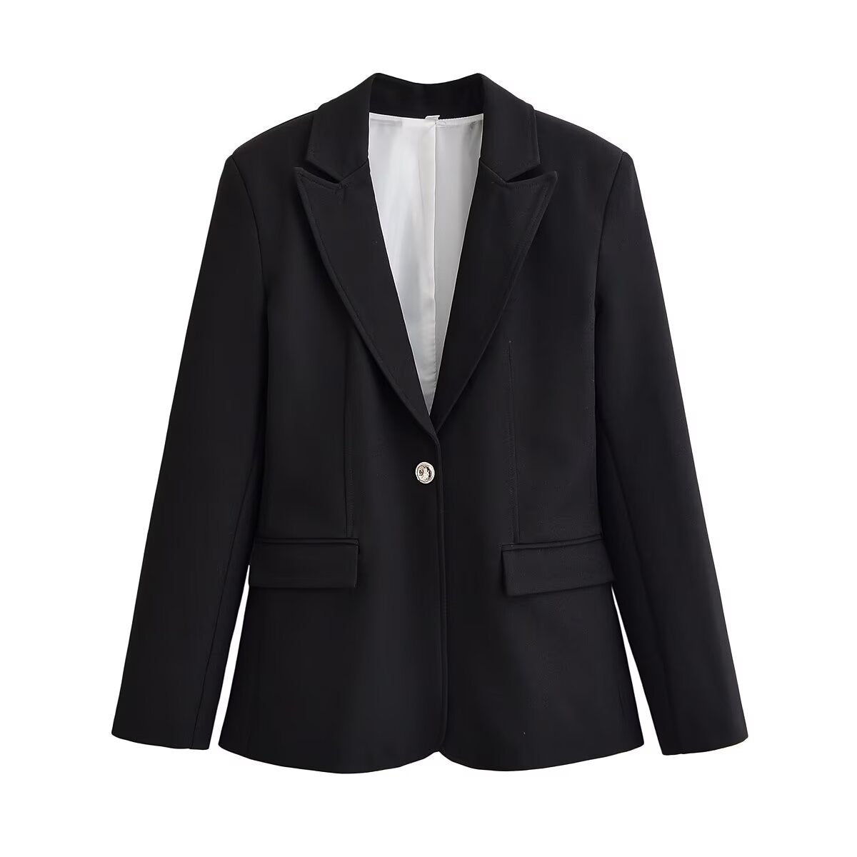 Women's Longer Tailored Single-Button Blazer with Narrow Lapels and Flap Pockets Chichicherry