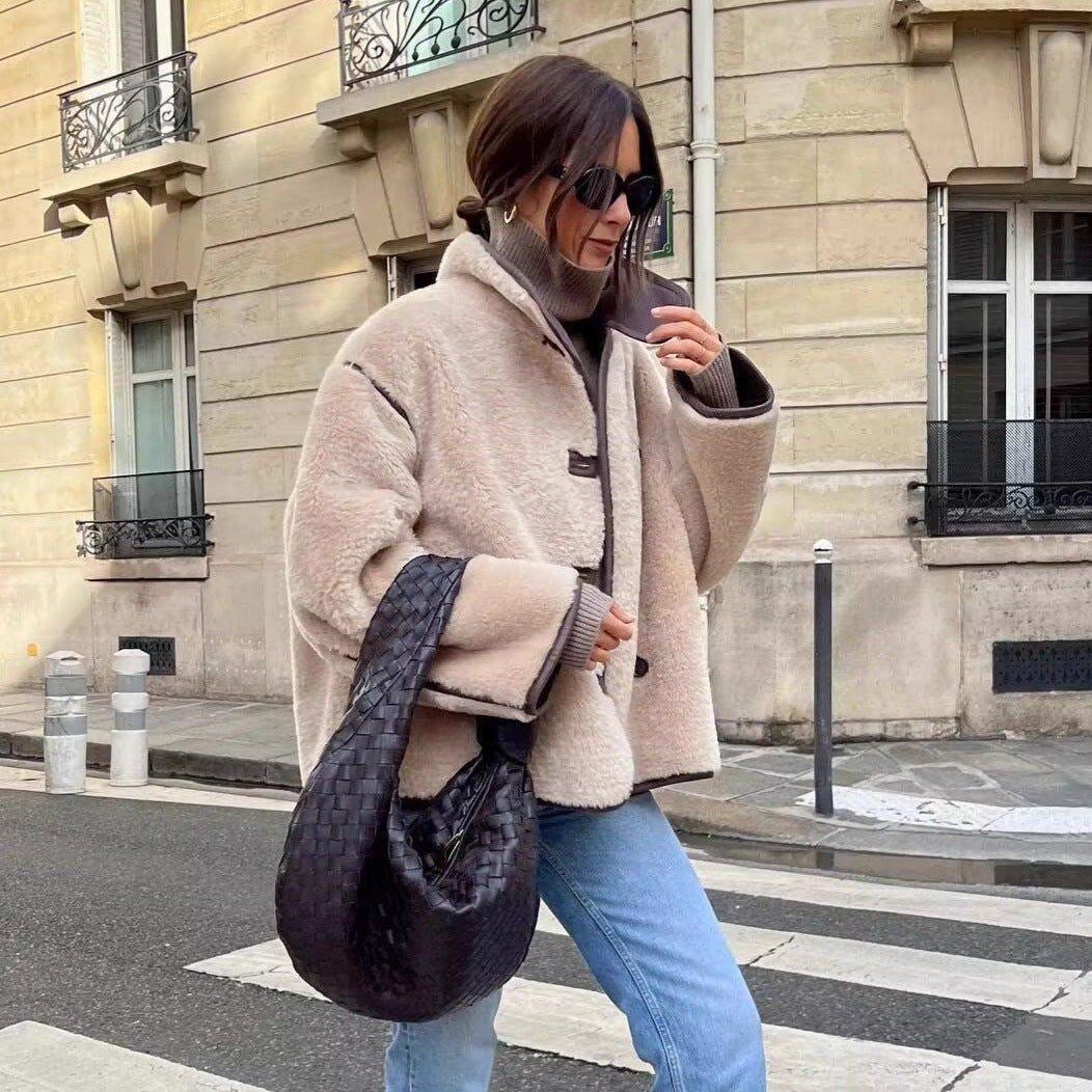 Women's Short Cropped Oversized Teddy Coat with Stand Collar and Contrast Piping Chichicherry