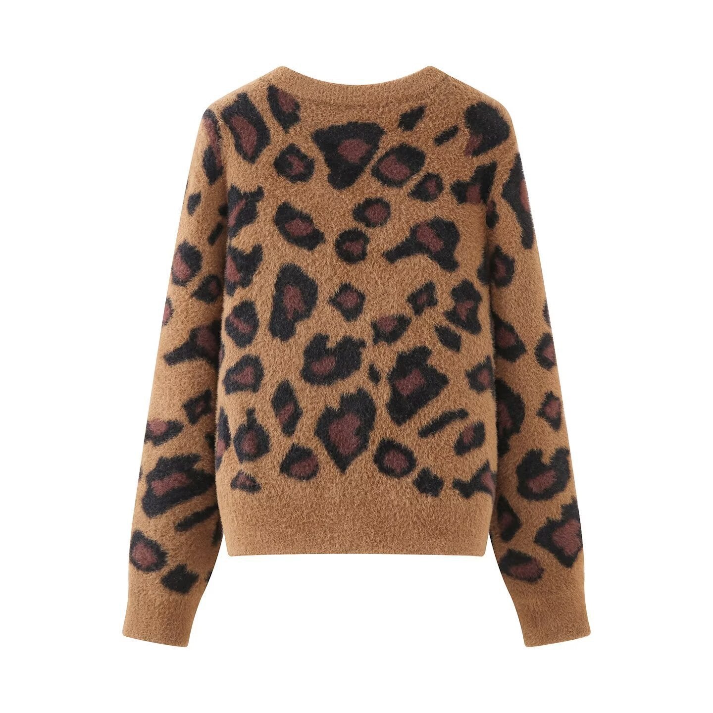 Women's fluffy cardigan in leopard print with round neckline and button placket Chichicherry