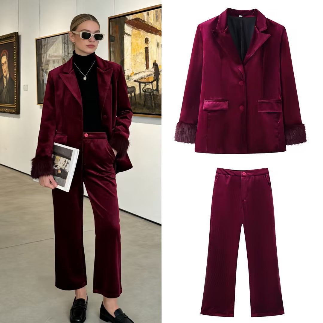 Women Tailored Velvet Blazer with Faux Fur Cuffs and Flap Pockets Chichicherry