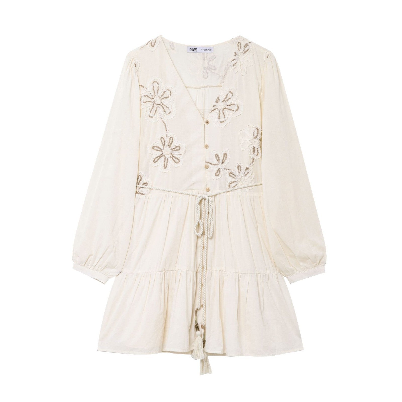 Ladies Embroidered Boho Dress with V-Neck, Drawstring and Tiered Skirt Chichicherry