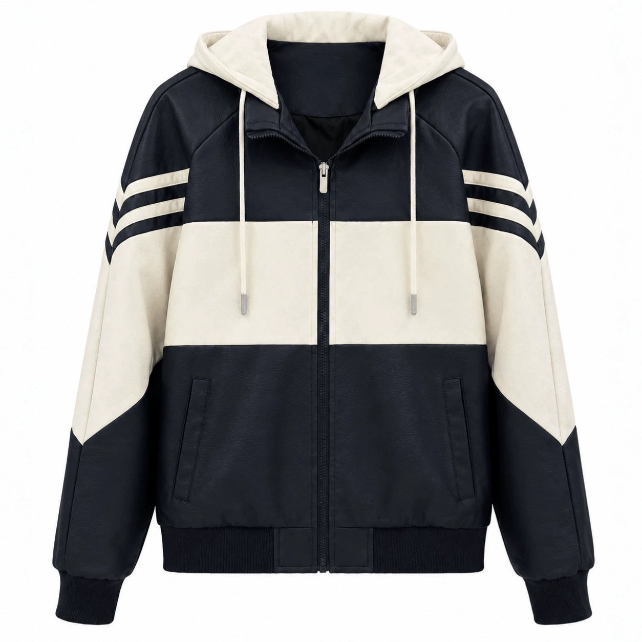 Men's Sporty Hooded Bomber with Faux Leather Look, Contrast Stripes and Zipper Chichicherry