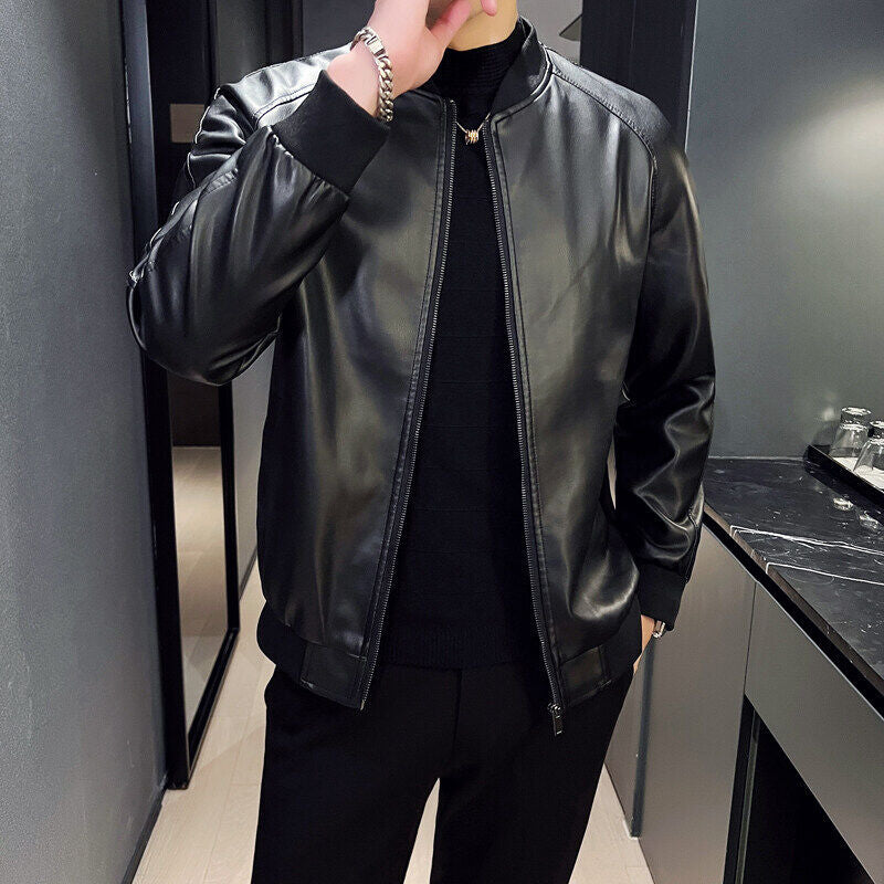 Men's Oversize Faux Leather Bomber Jacket with Raglan Sleeves, Zipper and Ribbed Cuffs Chichicherry