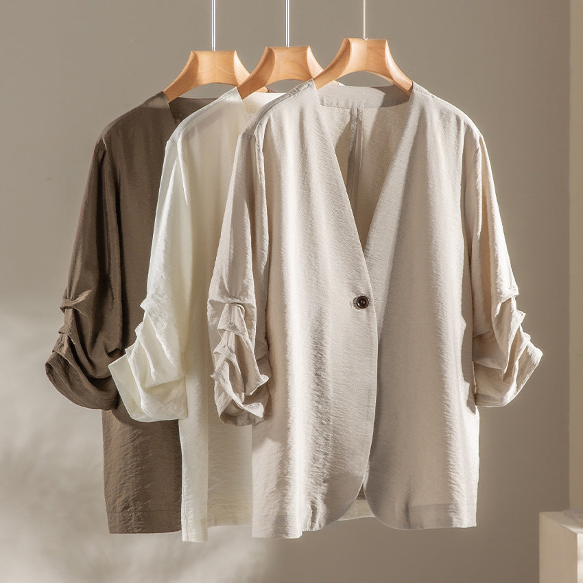 Women Lightweight Oversized Blazer with Deep V-Neck and Ruffled Sleeves Chichicherry