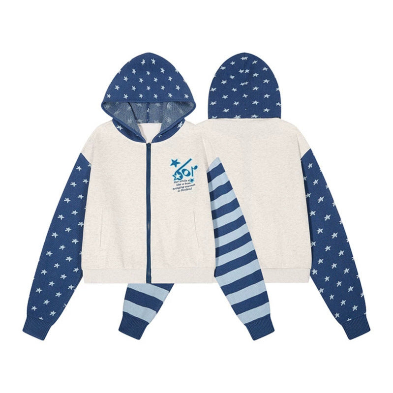 Women’s cropped hooded sweatshirt jacket with full zip, patterned sleeves and star motif Chichicherry