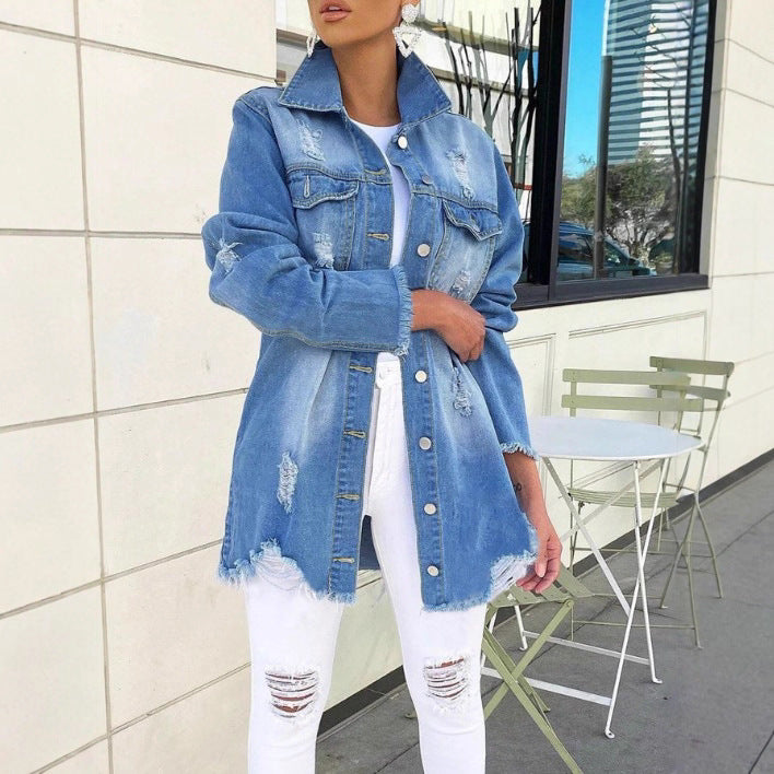 Women's Oversized Denim Jacket with Destroyed Details, Fringed Hem and Concealed Button Placket Chichicherry