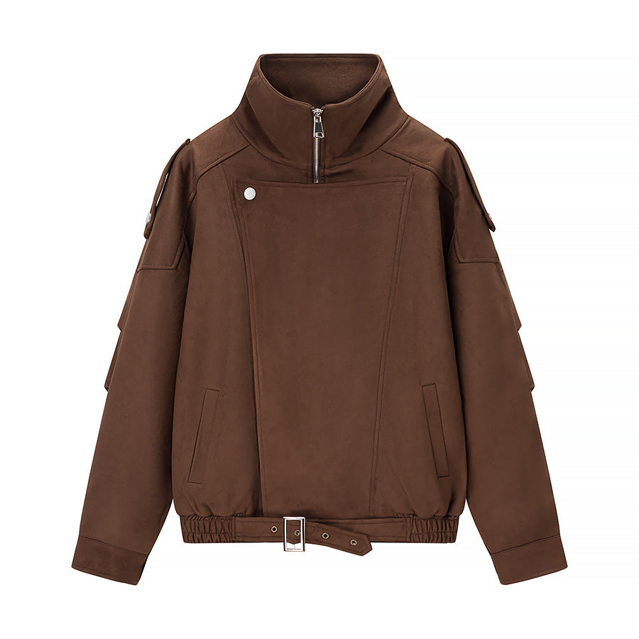 Women's Oversized Bomber Jacket in Velvet Look with High Stand-up Collar and Waist Belt Chichicherry