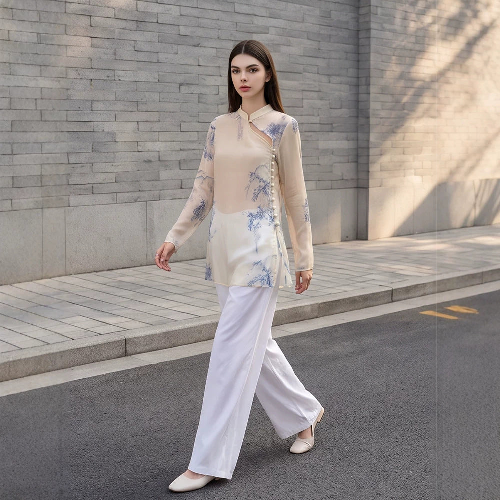 Women's Transparent Chiffon Blouse with Mandarin Collar, Asymmetrical Button Placket & Floral Print Chichicherry